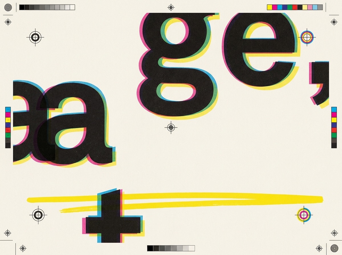 Offset-print proof sheet: black letterforms with cyan, magenta and yellow misregistration ghosts, crop marks and registration circles on bone paper
